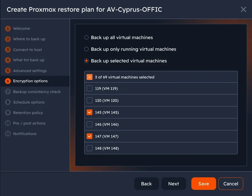 Select Proxmox host and virtual machines