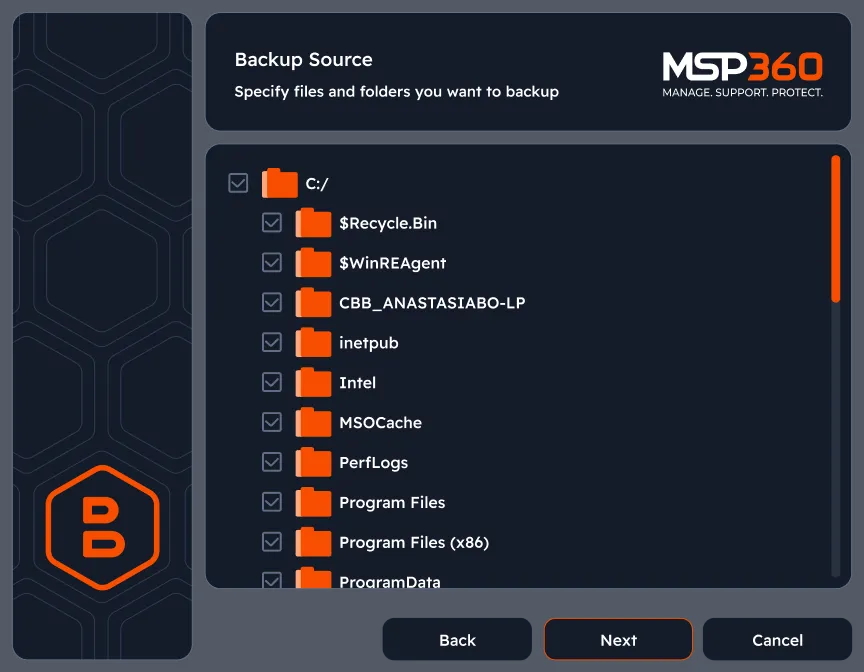 Choose files and folders to back up