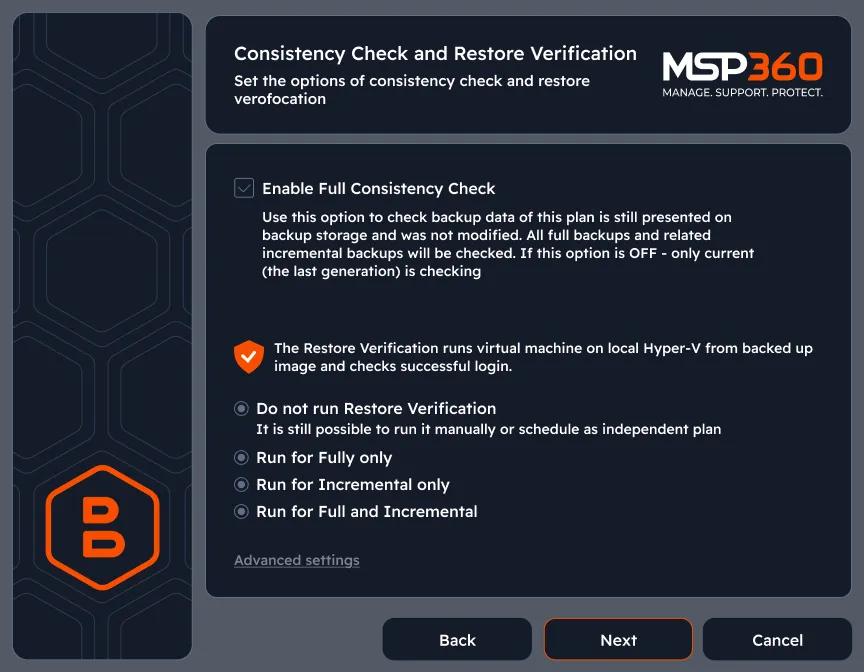 Consistency check and restore verification