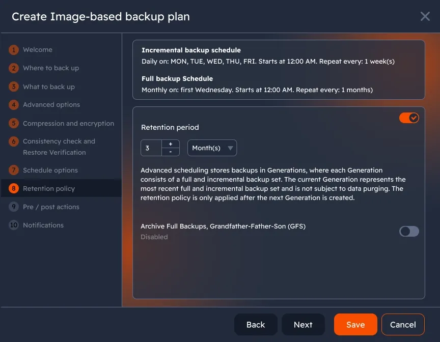 Customizable retention settings