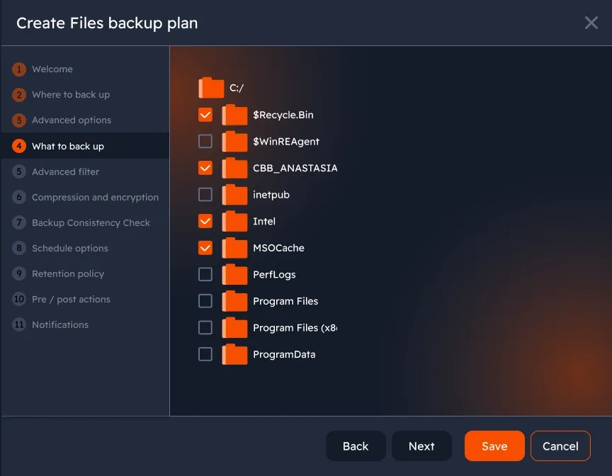 Choose files and folders to back up