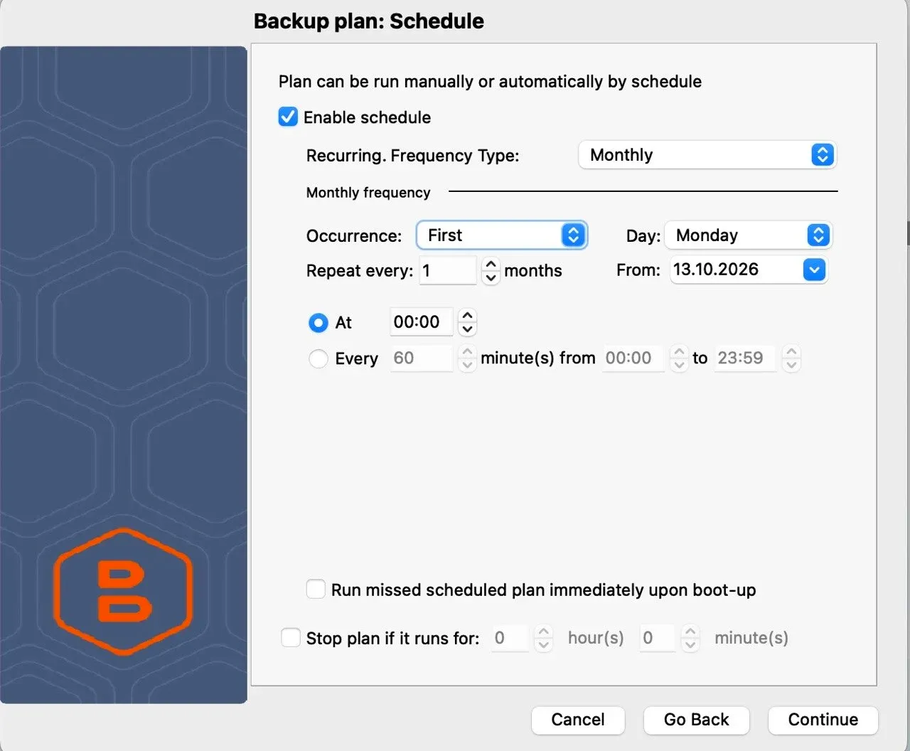 Monthly backup schedule for Mac Backup MSP360