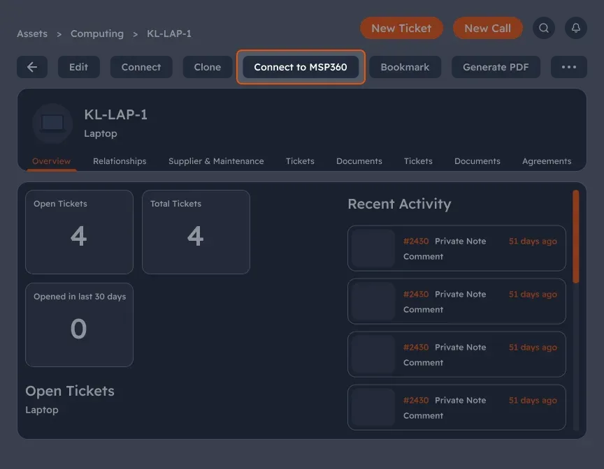 One-click access to MSP360 remote tools from HaloPSA