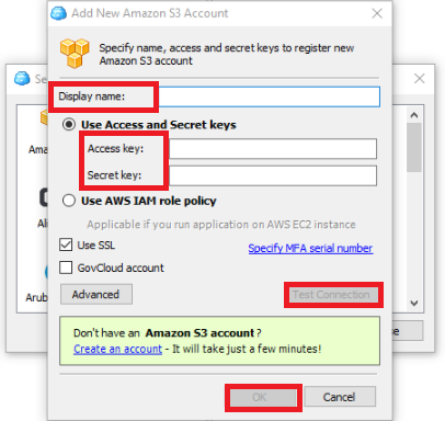 add Access key and Secret key
