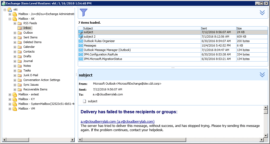 Exchange Item Level Restore window