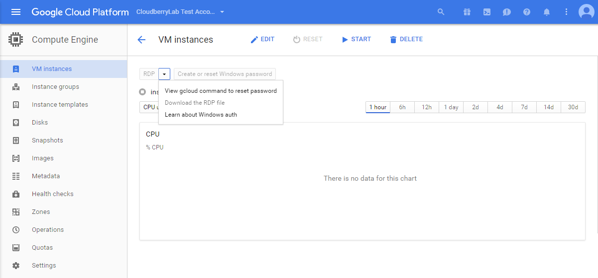 Google Cloud Platform panel - Download the RDP file