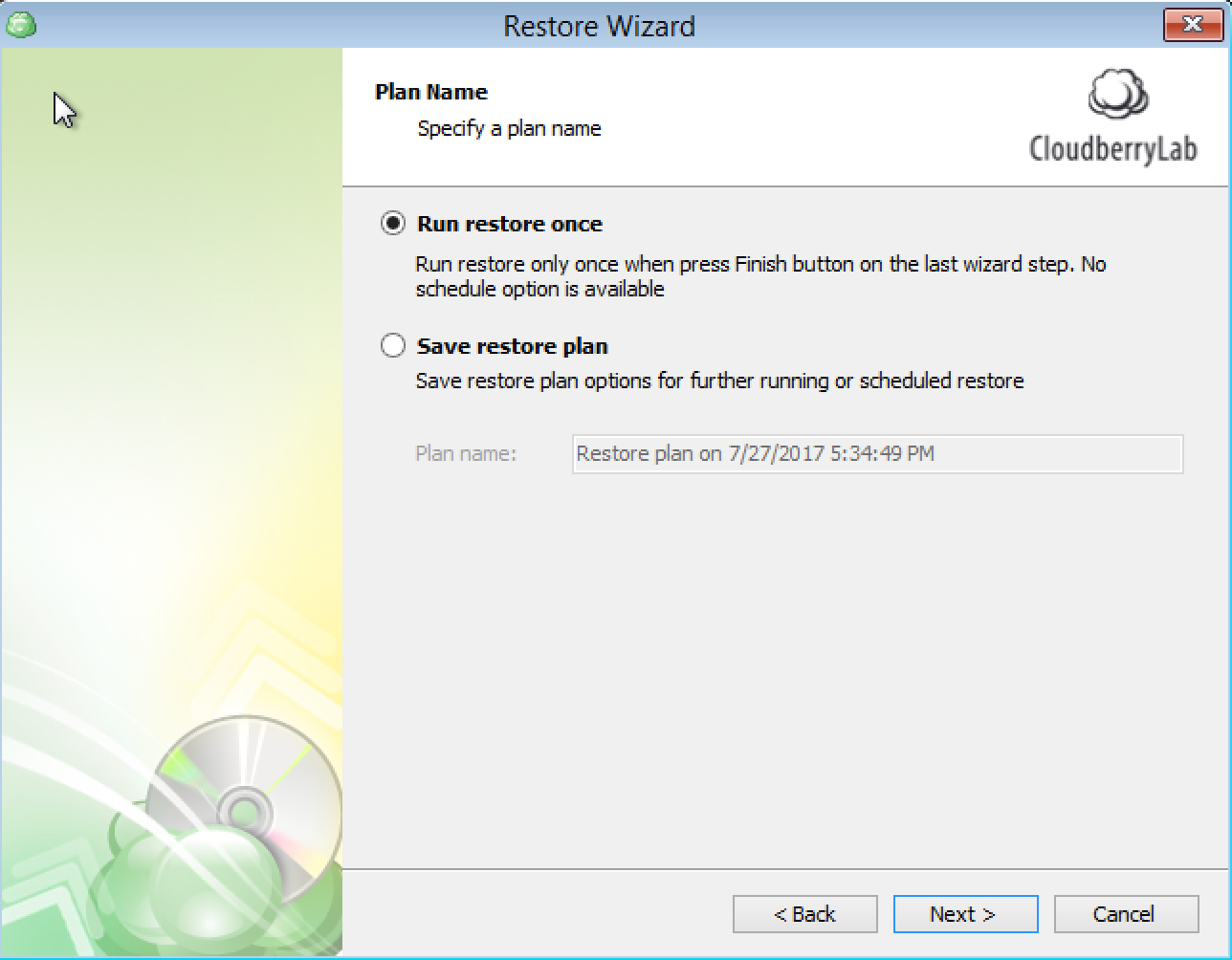 Ыave the restore plan options