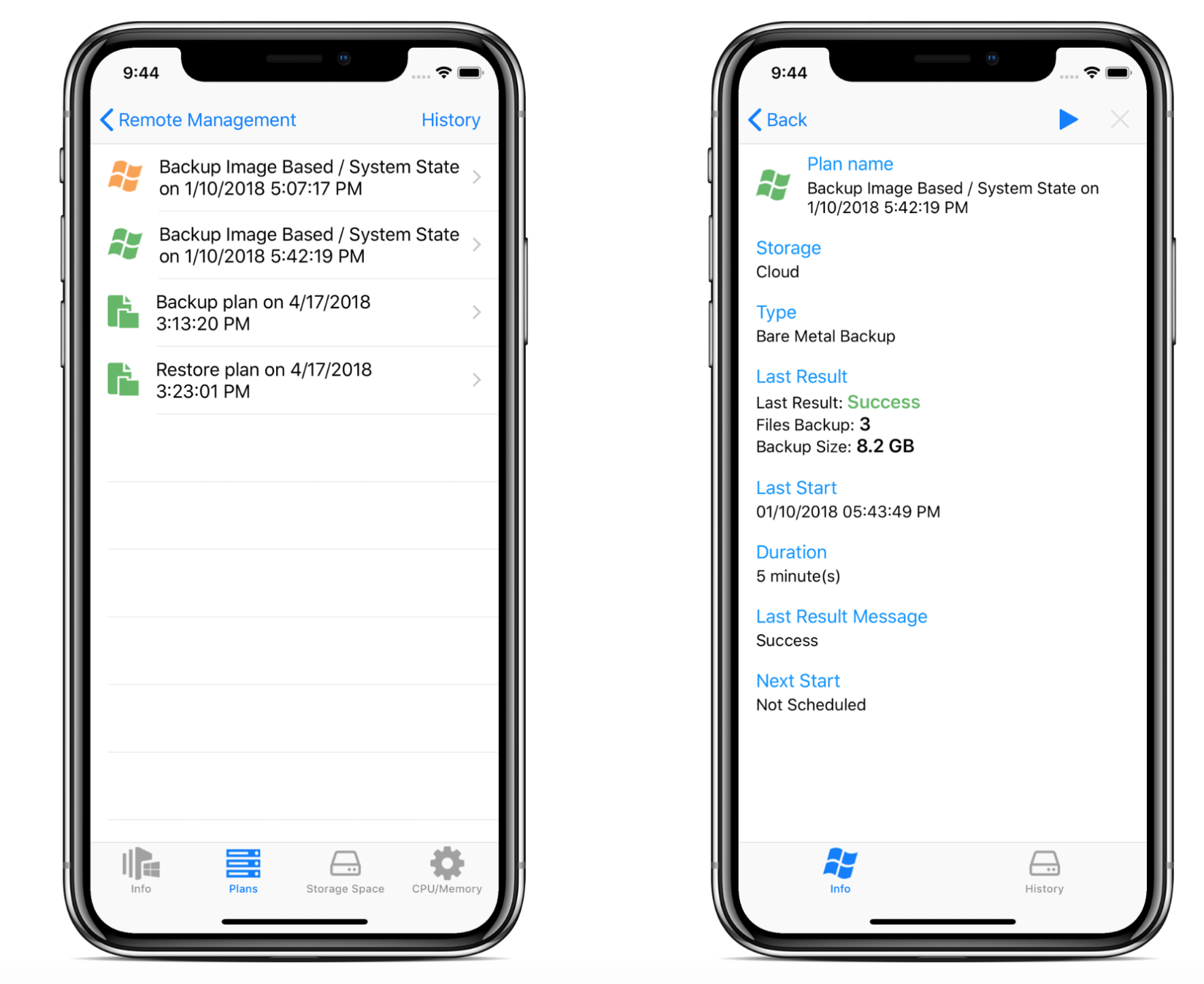 All of the backup and restore plans configured by MBS backup client on a computer - shown in CloudBerry Backup Admin for iOS