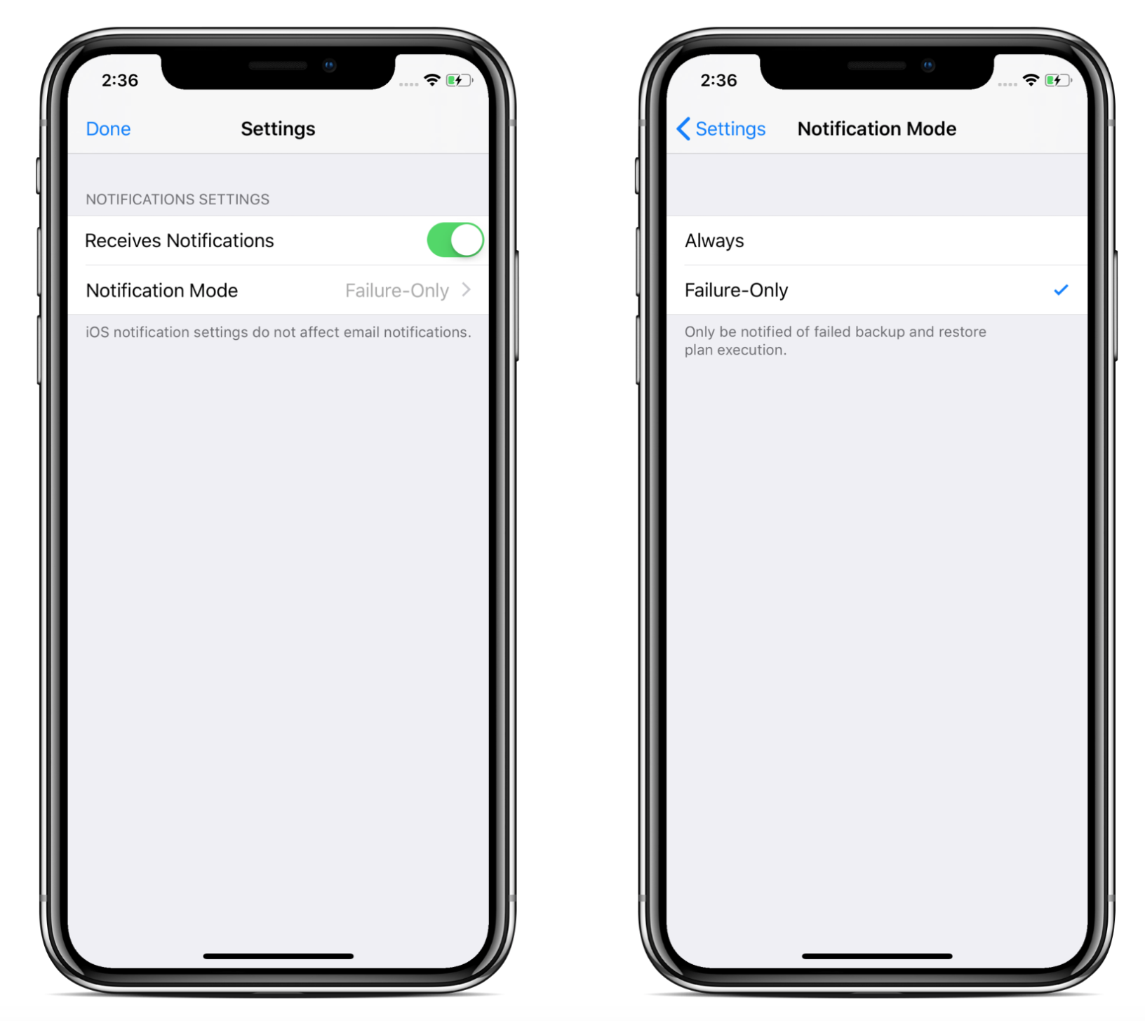 Notifications settings in CloudBerry Backup Admin for iOS