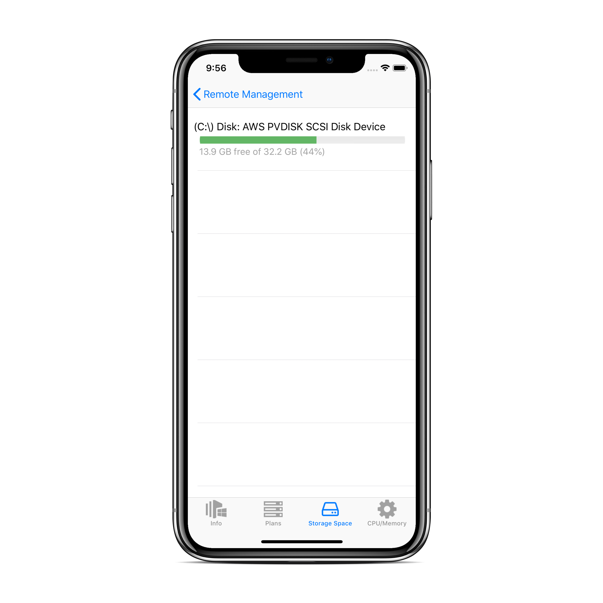 Storage Space tab in CloudBerry Backup Admin for iOS showing all storage media on the computer along with the bar indicating occupied space