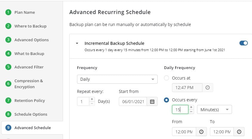 Adding a Schedule to a Plan in Managed Backup Service