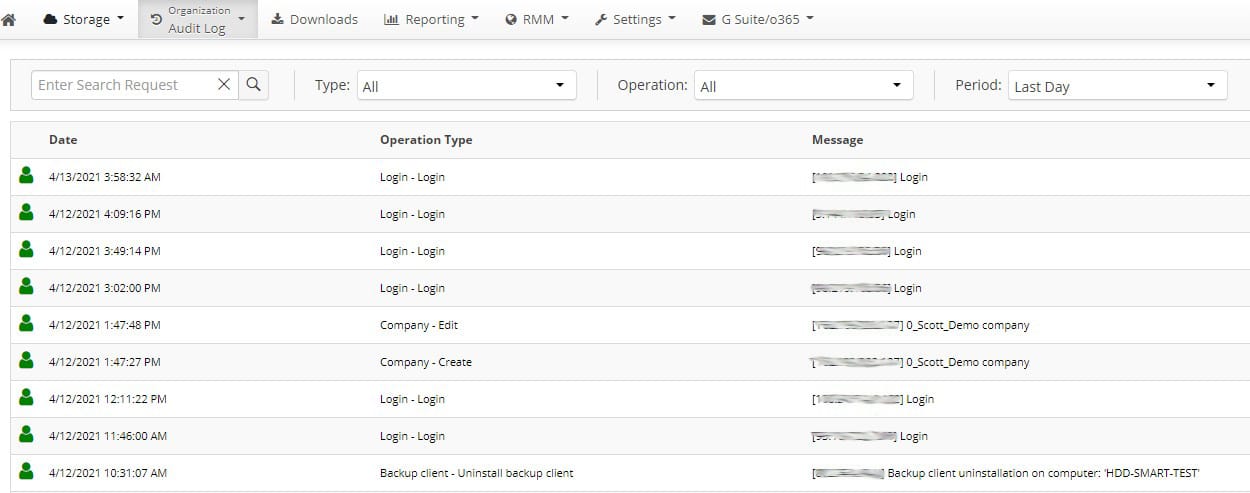 <SP360 Managed Backup Service: Audit Log