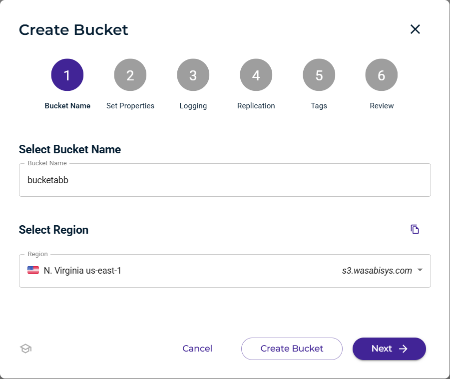 Wasabi Hot Cloud Storage - Create a Bucket
