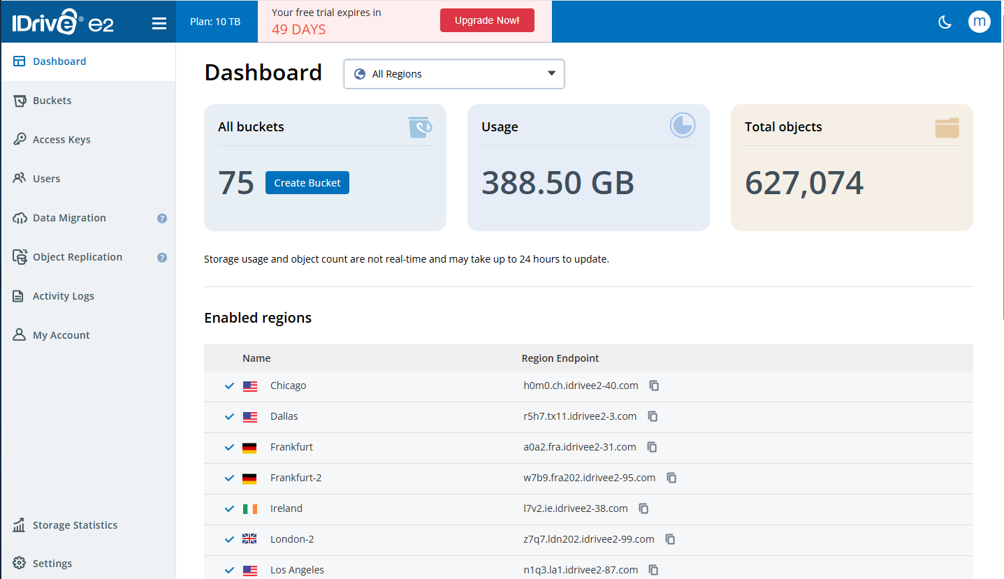 IDrive e2 dashboard