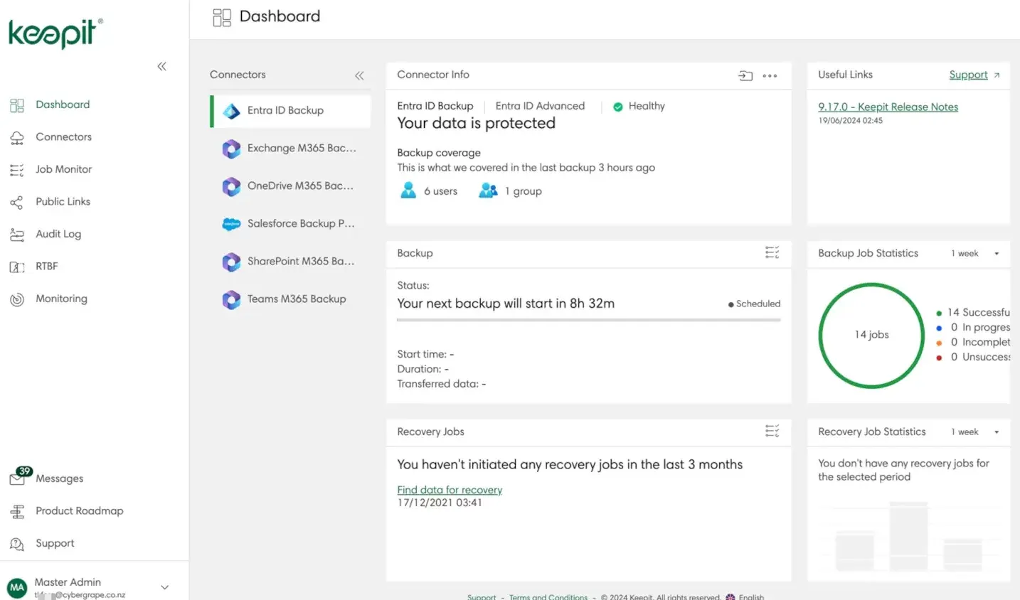 Best Cloud to cloud Backup solutions, image from keepit backup m365 interface