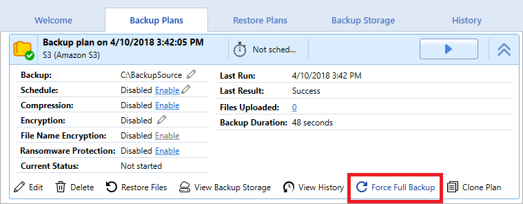 Force full backup option in Backup Plans tab