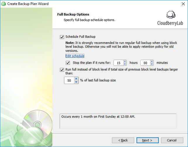 Full backup scheduling options