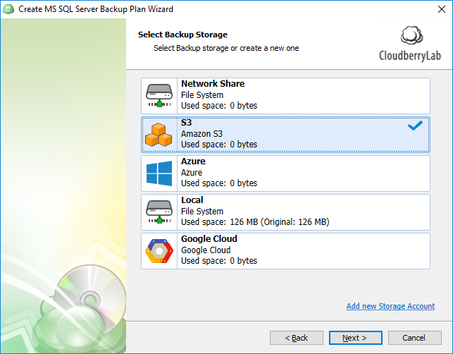 Back up SQL Server to S3: Selecting storage in MSP360 Backup