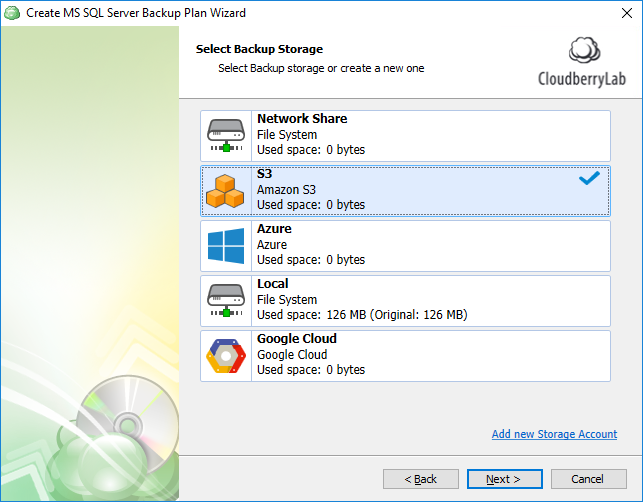 Back up SQL Server to S3: Selecting storage in CloudBerry Backup