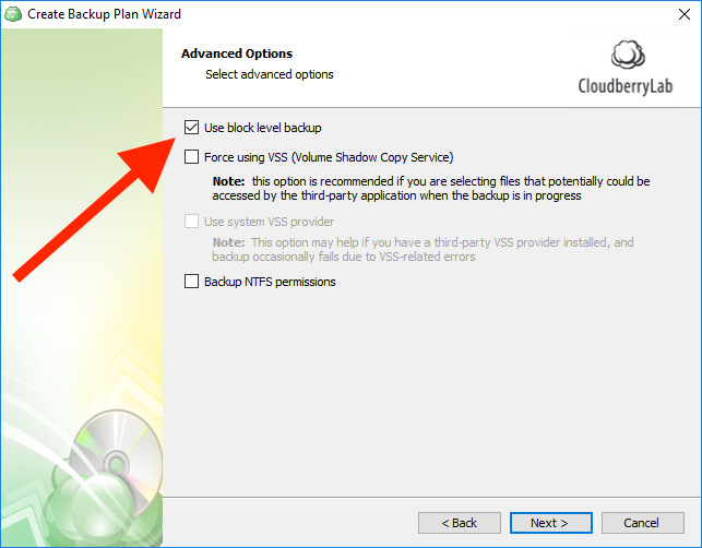 Turning block-level backup feature on in CloudBerry Backup