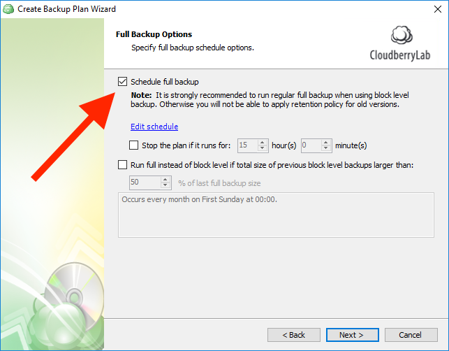 Scheduling full backup in CloudBerry Backup
