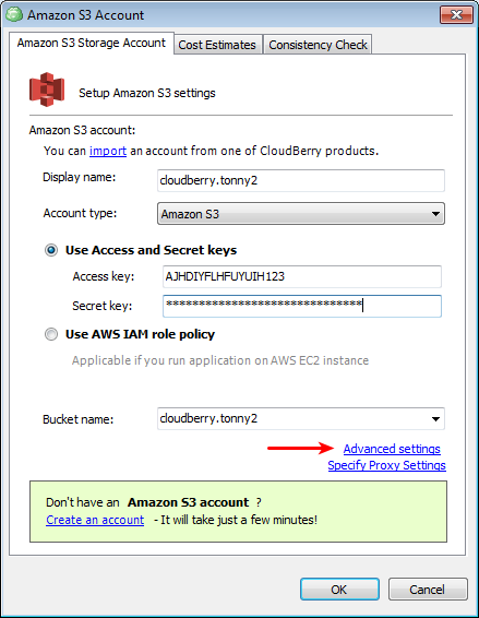 Amazon S3 Storage Account tab