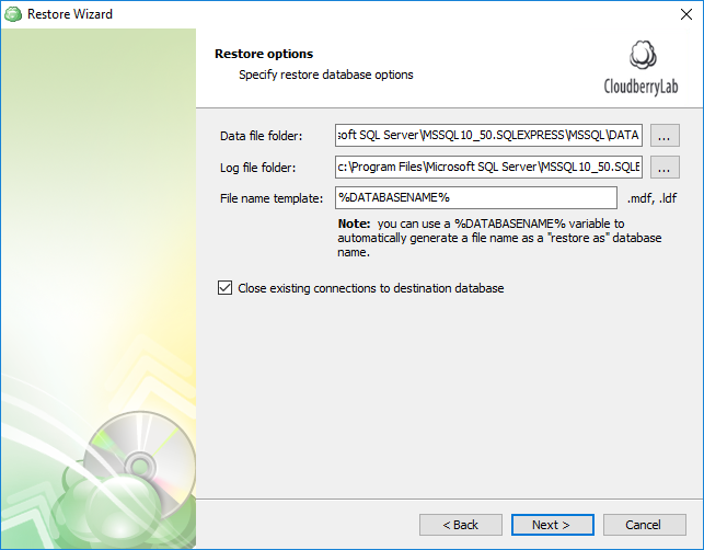 Configuring additional options for the restored SQL Server databases