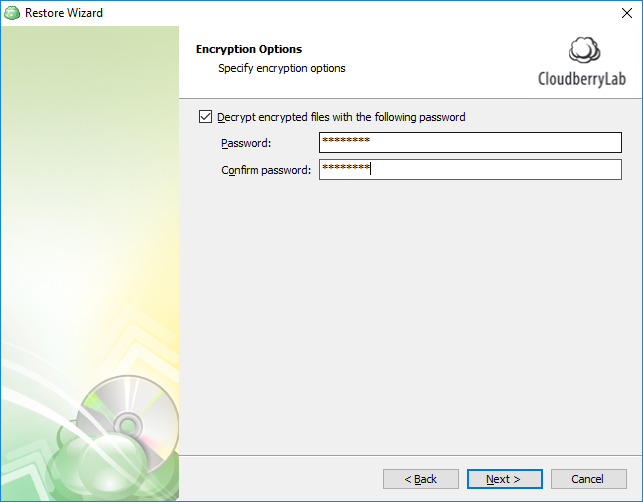 Specifying the encryption options for SQL Server restore