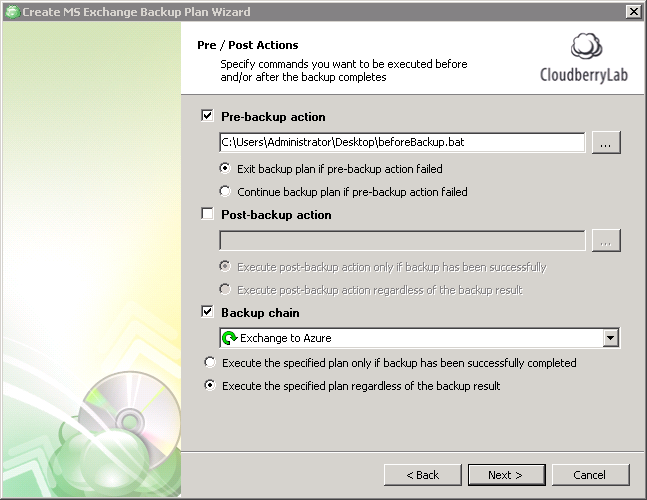 Exchange backup. Configure pre- and post-actions