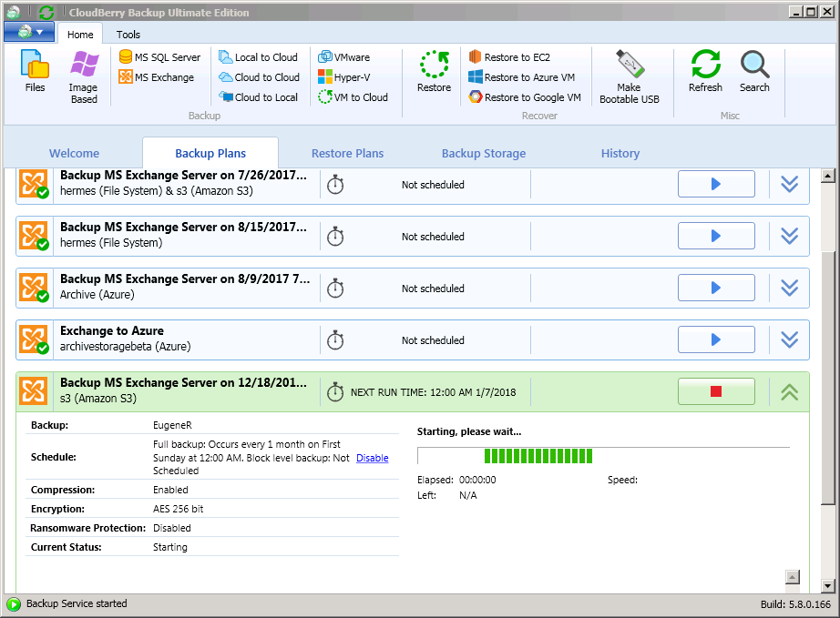 Exchange backup. Plan execution