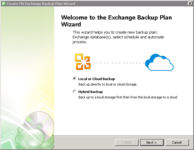 Exchange backup. Select backup destination