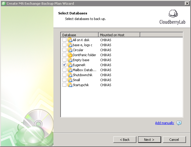 Exchange backup. Select databases