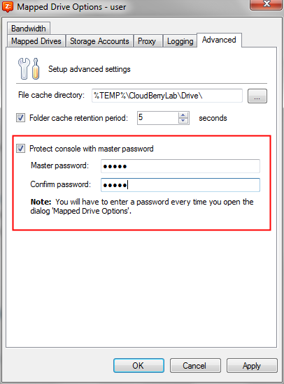 Password Protection for Cloud Drives Settings