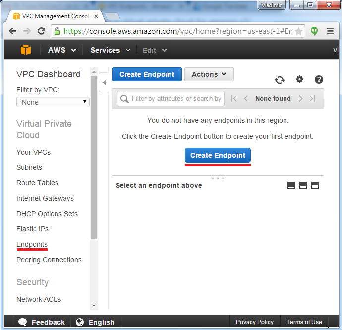 AWS Console. Creating S3 Endpoint