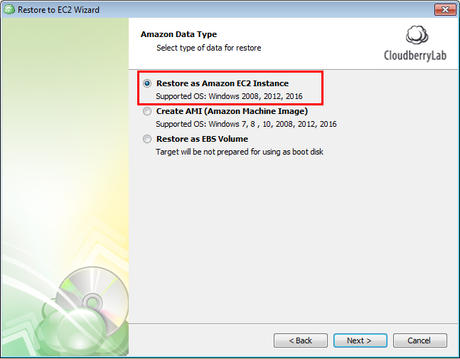 Select Restore as Amazon EC2 Instance