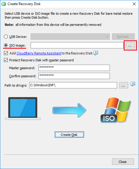 Creating recovery disk: Select the ISO image radio button and click Browse (...)