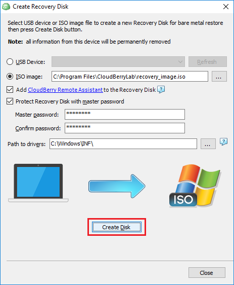 Clicking Create Disk button to start the creation of the ISO image