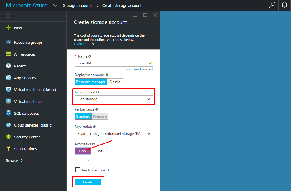 new-cool-tier-storage-account-configuration-blob-storage