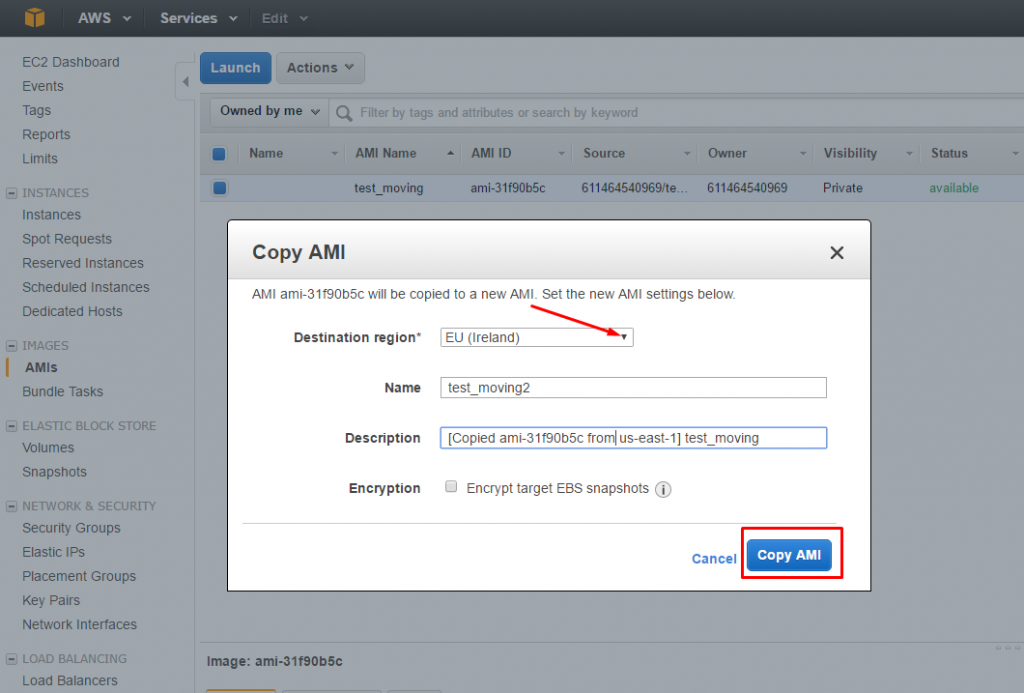 AWS: change Region, Availability Zone or VPC - New AMI settings