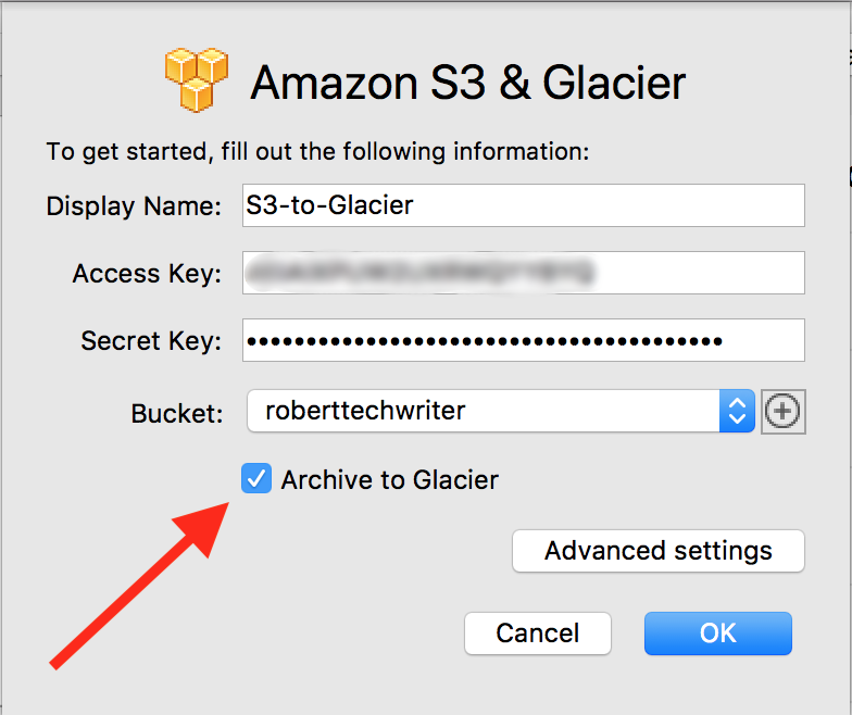 Select the Archive to Glacier checkbox and click OK