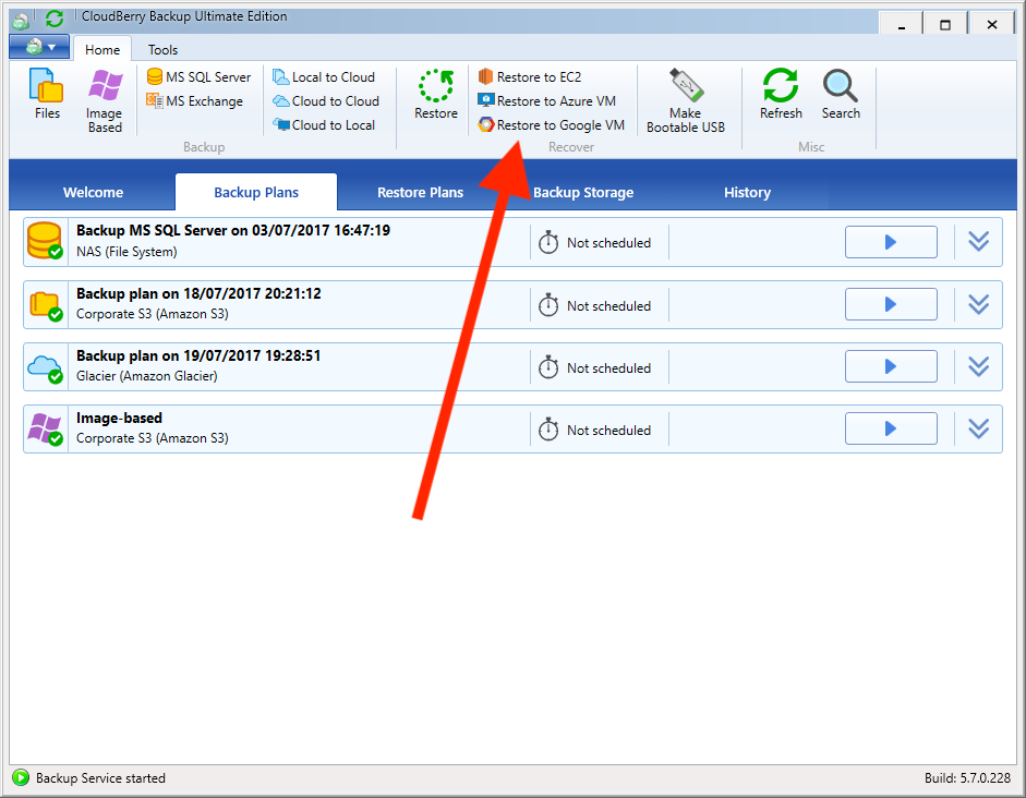 Click Restore to Google VM button in CloudBerry Backup toolbar 