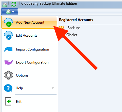 CloudBerry Backup menu - Add New Account