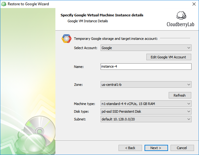 CloudBerry Backup - Specify the Google VM Instance details and click Next