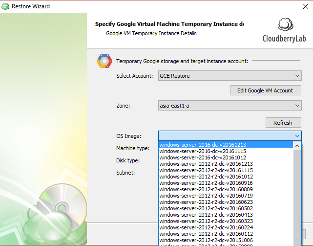 CloudBerry Backup - Specify Google VM temporary instance details