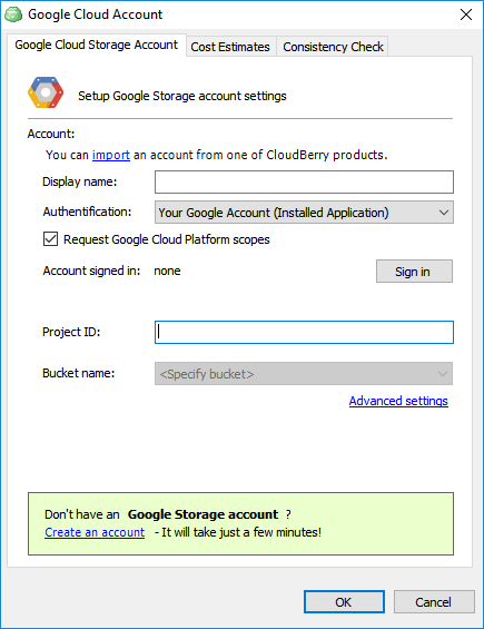 Google Cloud Account settings in CloudBerry Backup