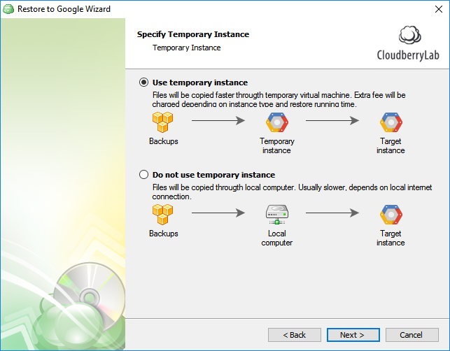 CloudBerry Backup - Specify whether to use temporary instance or not