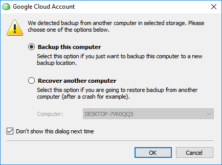 Pop-up alert asking if you want to recover another computer or back up this computer. Select Backup this computer. 