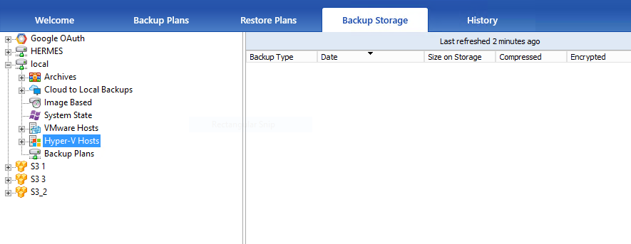 Backup Storage tab