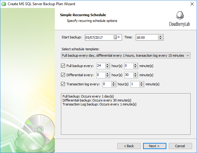 Scheduling of SQL Server database backups: select and apply