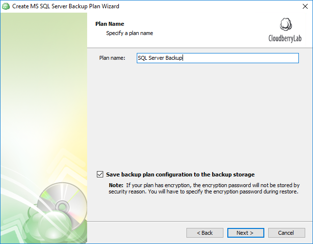Enter the backup plan name for SQL Server database backup